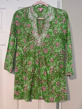 Lilly Pulitzer Green and Pink Floral Tunic Blouse
